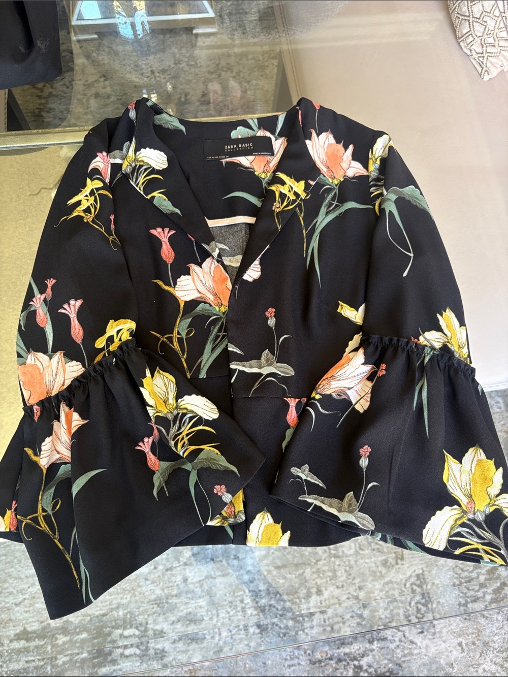 Zara Black Floral Wrap Blouse with Yellow & Peach Blooms